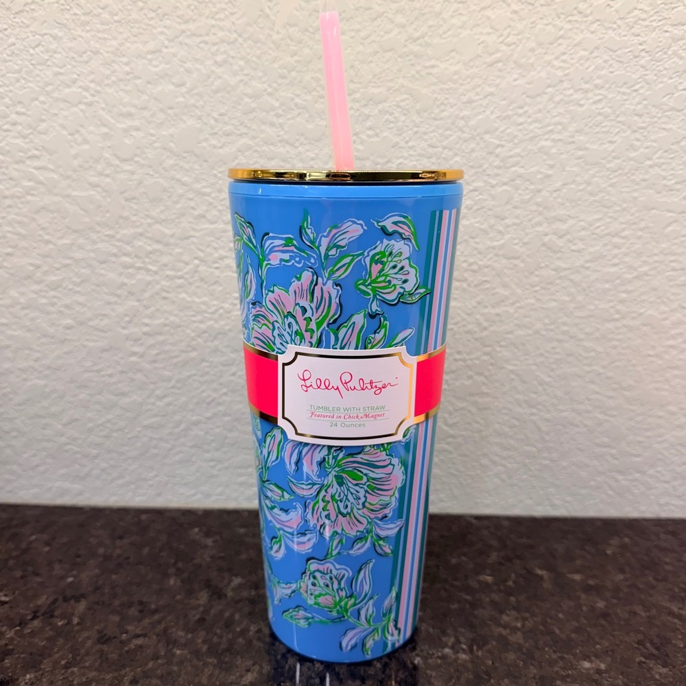 Lilly Pulitzer Chick Magnet 24oz Tumbler with Straw Gold Lid Blue Floral NEW